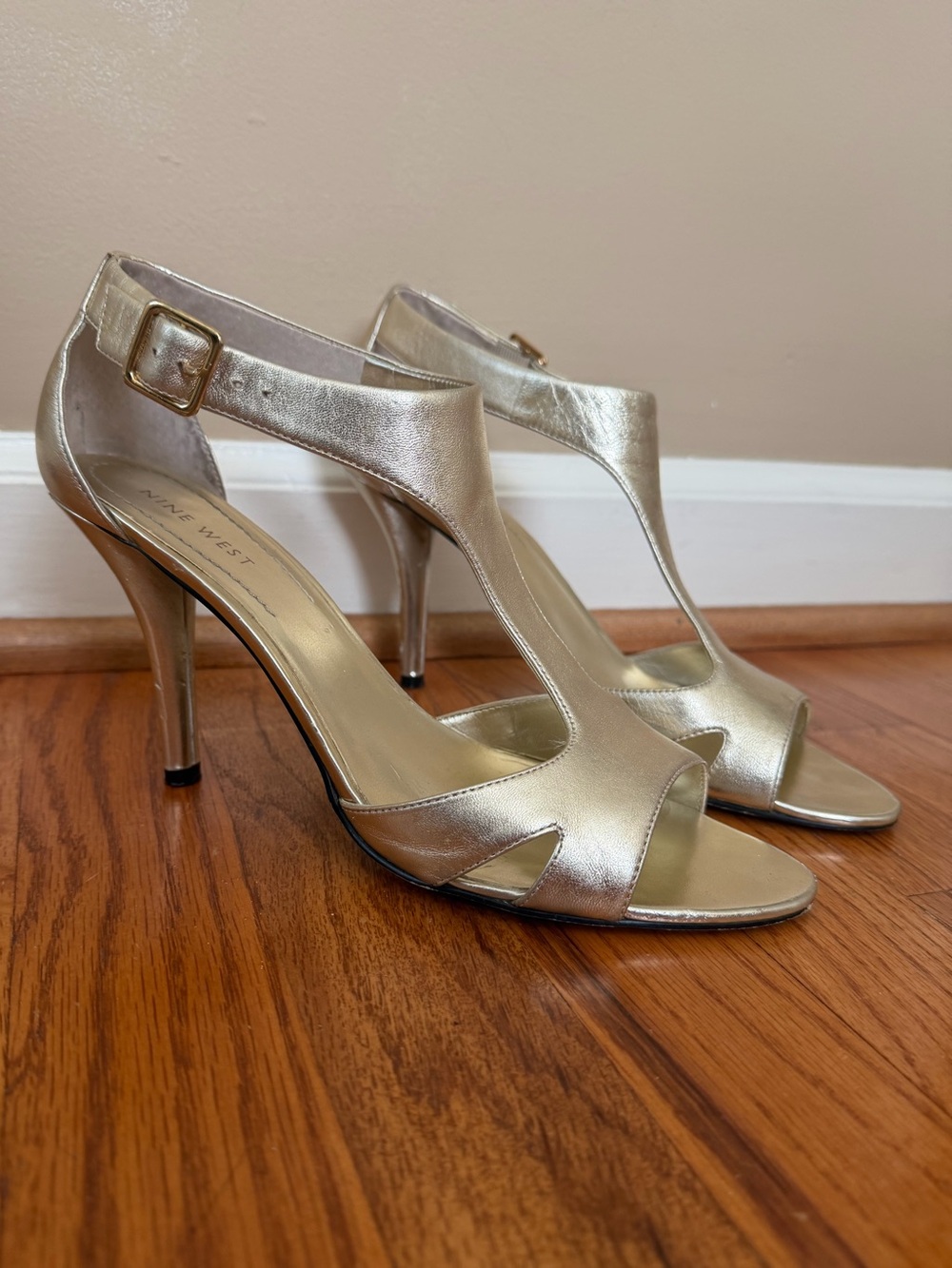 Nine West Metallic Gold T-Strap Open-Toe Heels